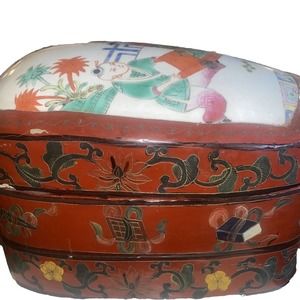 Antique Chinese porcelain lacquered stacking Wedding box, 3 tier. 11”x8”x7”